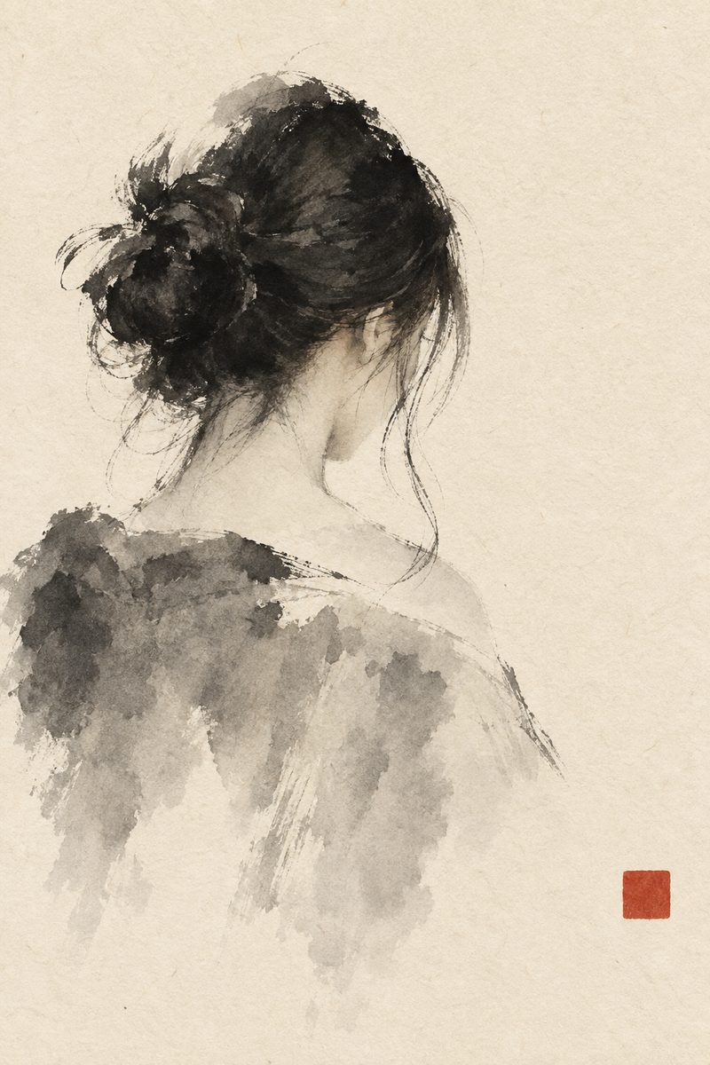 Ink-wash illustration: a figure seen from behind, hair gathered in a loose bun, on warm paper with a small vermilion seal