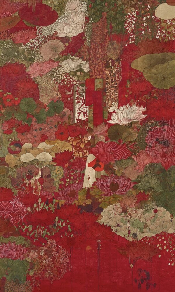 AI-generated lotus painting in development