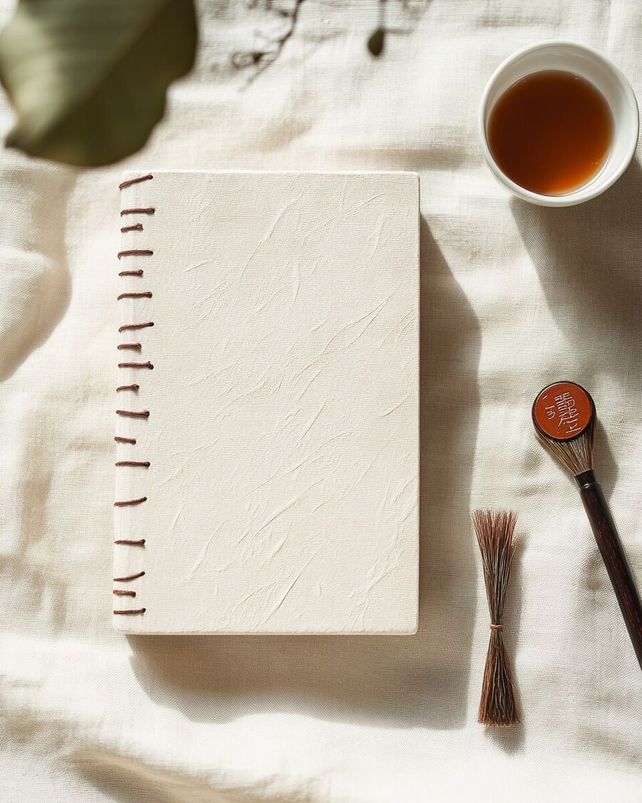 A hand-bound book with thread-stitched spine on cream handmade paper, beside tea and a seal brush