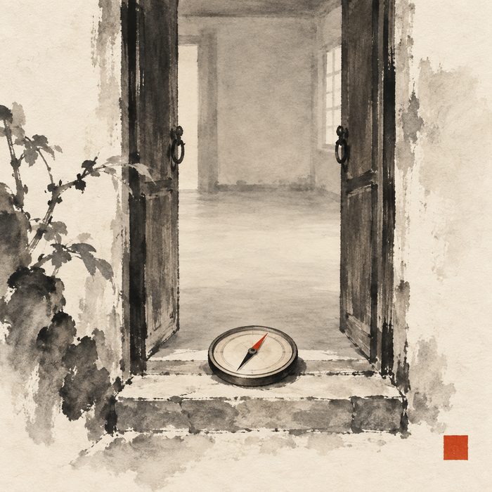 An open doorway with a compass resting on the threshold, painted in ink wash