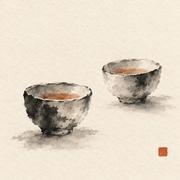 Two small tea bowls facing each other, painted in ink wash