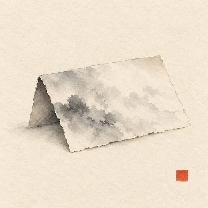 A single sheet of handmade paper, folded once, painted in ink wash