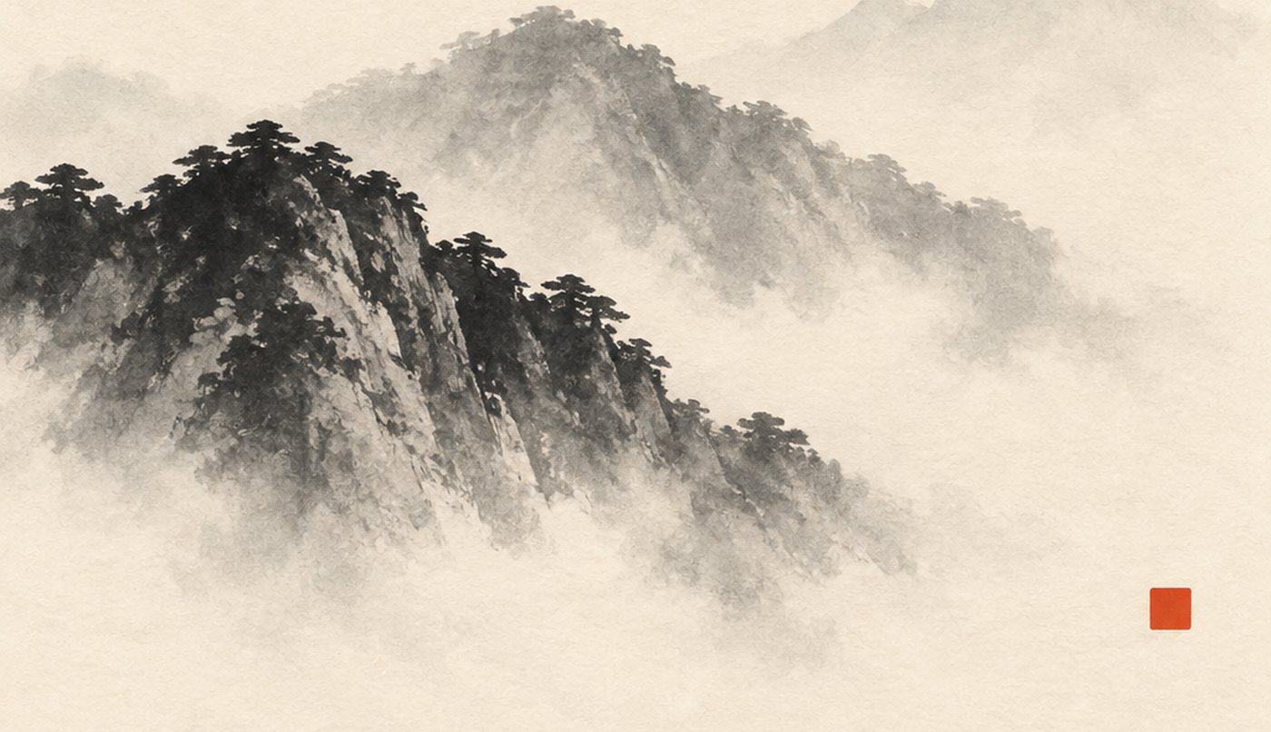 Ink-wash mountains emerging from mist on warm paper, with a small vermilion seal